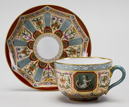 Cup with saucer, Rafael's parade set, porcelain, cover, overglaze painting, gilding